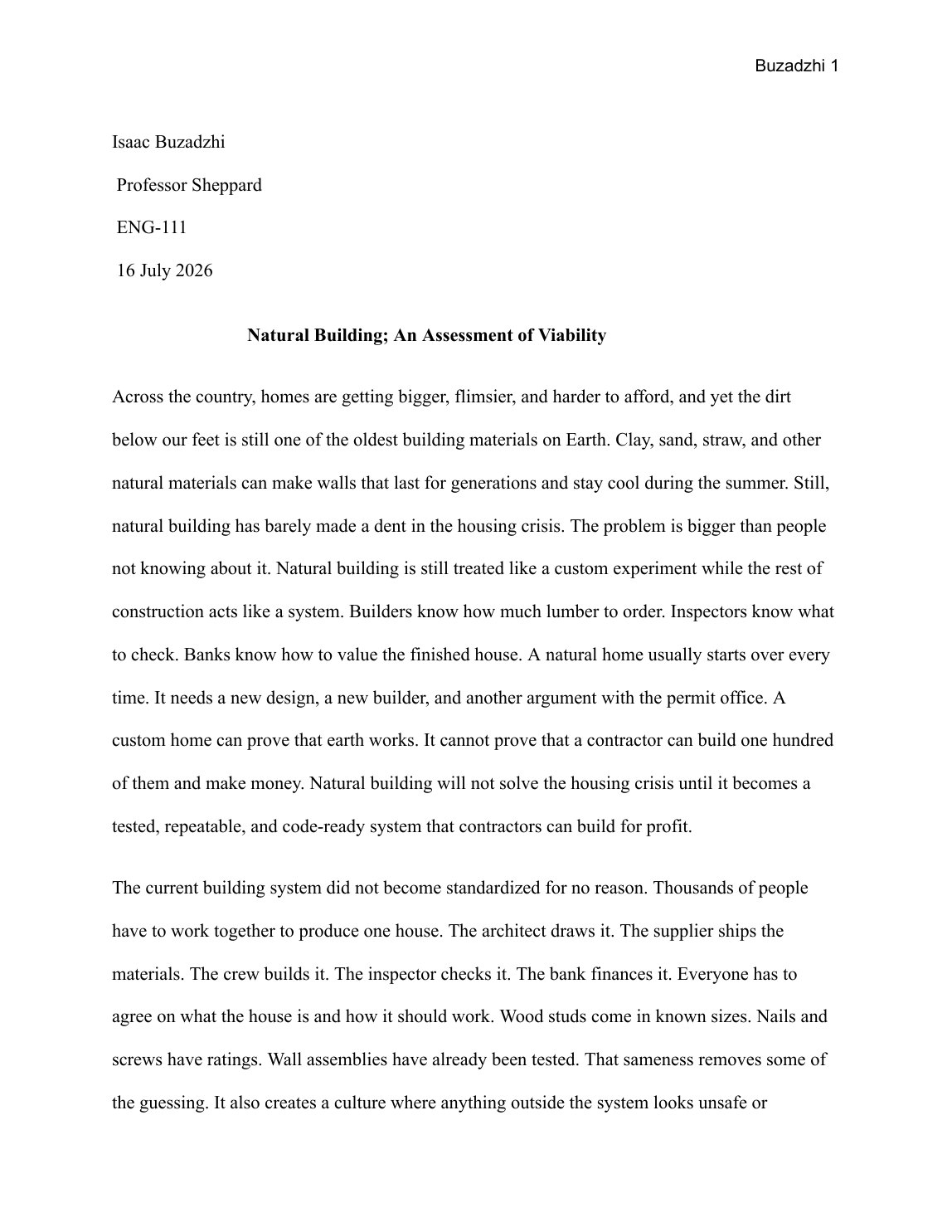 Page 1 of 7 of Natural Building: An Assessment of Viability